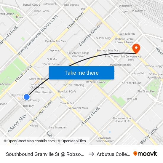 Southbound Granville St @ Robson St to Arbutus College map