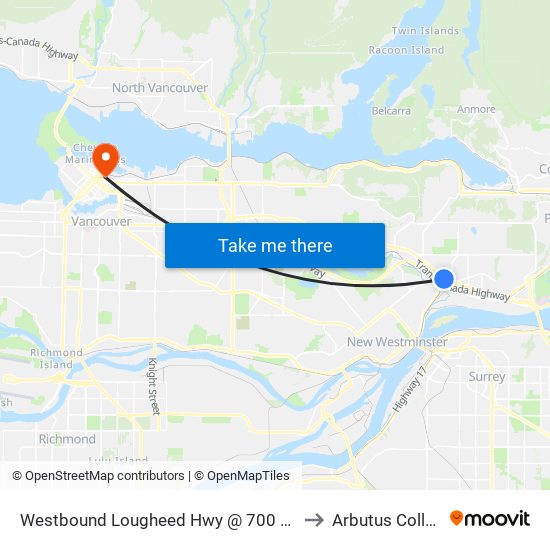 Westbound Lougheed Hwy @ 700 Block to Arbutus College map