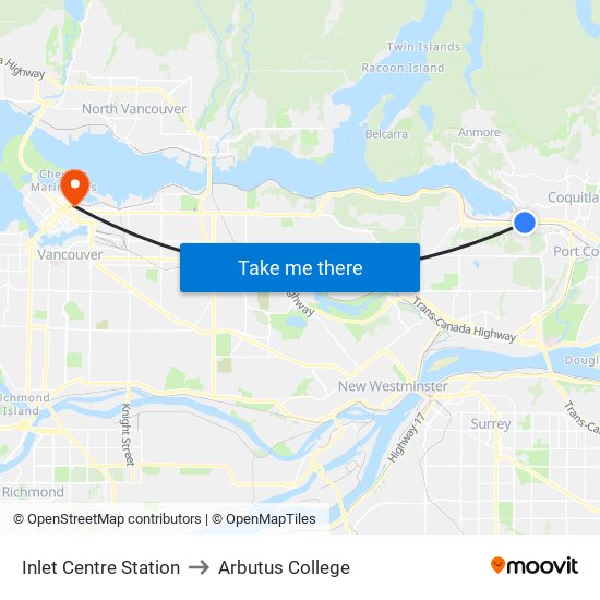 Inlet Centre Station to Arbutus College map