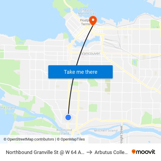 Northbound Granville St @ W 64 Ave to Arbutus College map