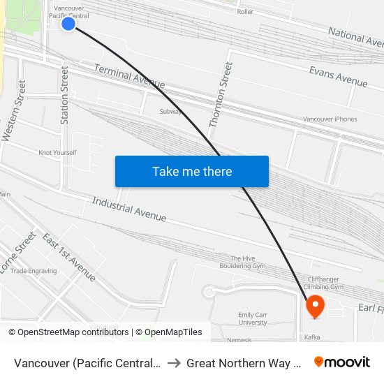 Vancouver (Pacific Central Station) to Great Northern Way Campus map