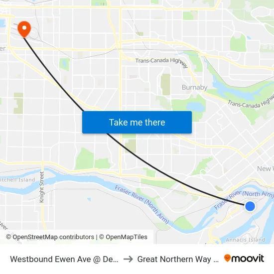 Westbound Ewen Ave @ Derwent Way to Great Northern Way Campus map
