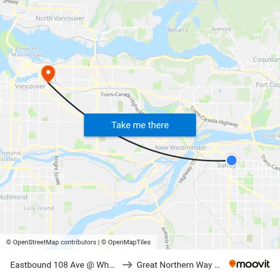 Eastbound 108 Ave @ Whalley Blvd to Great Northern Way Campus map