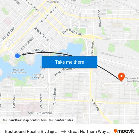 Eastbound Pacific Blvd @ Homer St to Great Northern Way Campus map