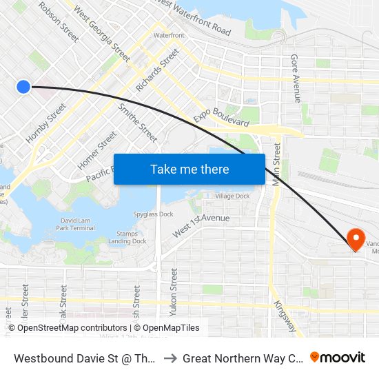 Westbound Davie St @ Thurlow St to Great Northern Way Campus map