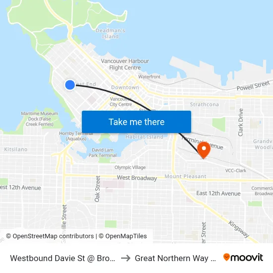 Westbound Davie St @ Broughton St to Great Northern Way Campus map