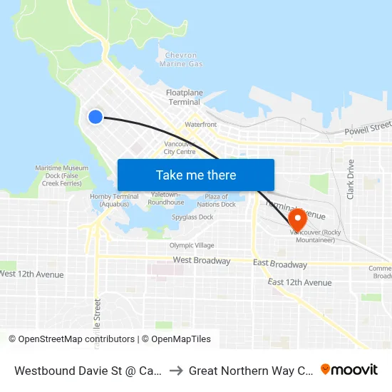 Westbound Davie St @ Cardero St to Great Northern Way Campus map