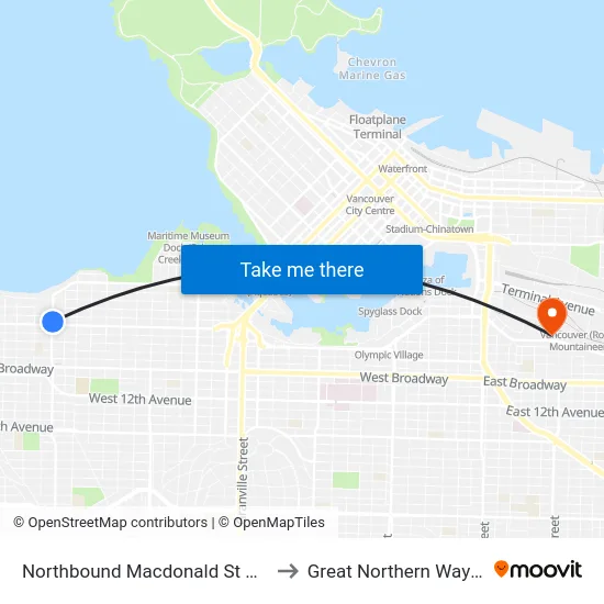 Northbound Macdonald St @ W 4th Ave to Great Northern Way Campus map