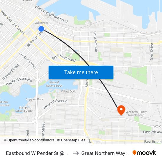 Eastbound W Pender St @ Seymour St to Great Northern Way Campus map