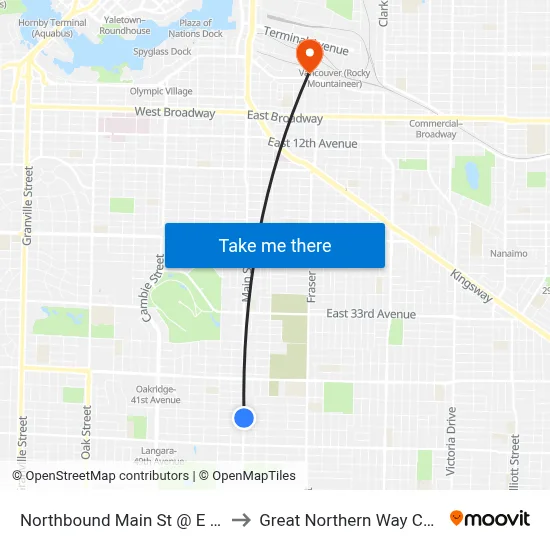 Northbound Main St @ E 46 Ave to Great Northern Way Campus map