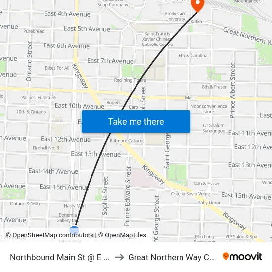 Northbound Main St @ E 18 Ave to Great Northern Way Campus map