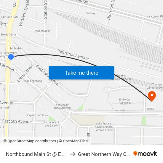 Northbound Main St @ E 2nd Ave to Great Northern Way Campus map