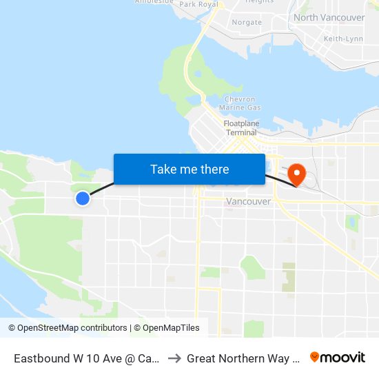Eastbound W 10 Ave @ Camosun St to Great Northern Way Campus map
