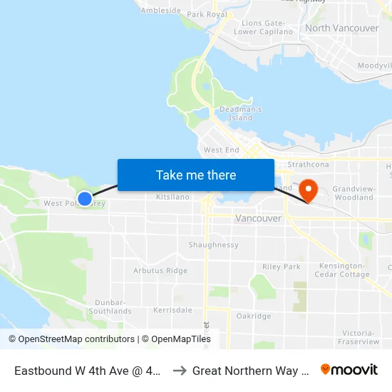 Eastbound W 4th Ave @ 4100 Block to Great Northern Way Campus map