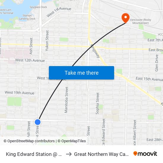 King Edward Station @ Bay 4 to Great Northern Way Campus map