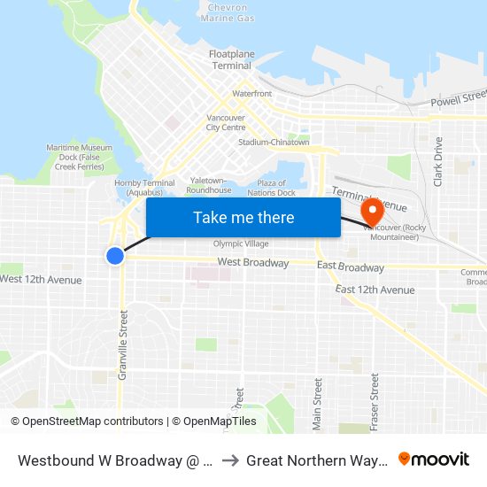 Westbound W Broadway @ Granville St to Great Northern Way Campus map