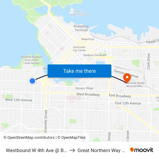 Westbound W 4th Ave @ Burrard St to Great Northern Way Campus map