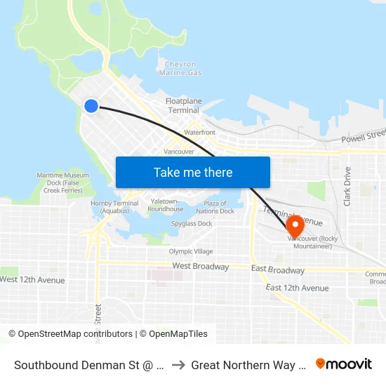 Southbound Denman St @ Comox St to Great Northern Way Campus map