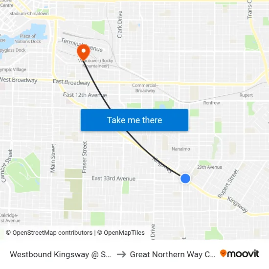 Westbound Kingsway @ Slocan St to Great Northern Way Campus map