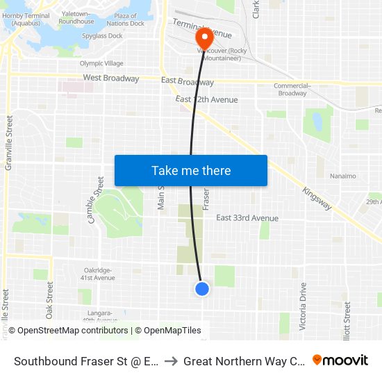 Southbound Fraser St @ E 45 Ave to Great Northern Way Campus map