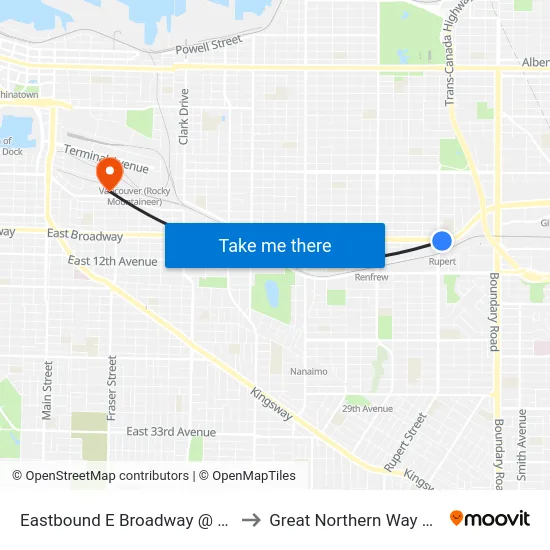 Eastbound E Broadway @ Rupert St to Great Northern Way Campus map
