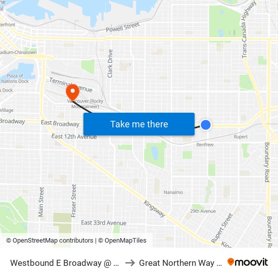 Westbound E Broadway @ Renfrew St to Great Northern Way Campus map