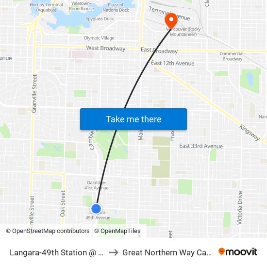 Langara-49th Station @ Bay 4 to Great Northern Way Campus map