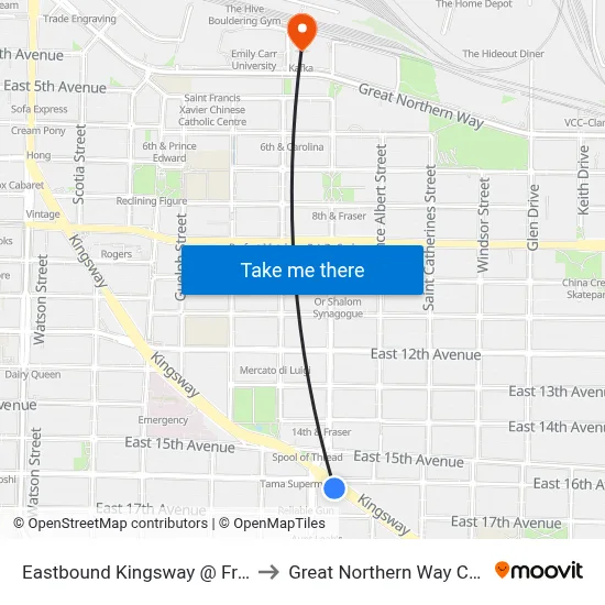 Eastbound Kingsway @ Fraser St to Great Northern Way Campus map