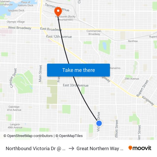 Northbound Victoria Dr @ E 49 Ave to Great Northern Way Campus map
