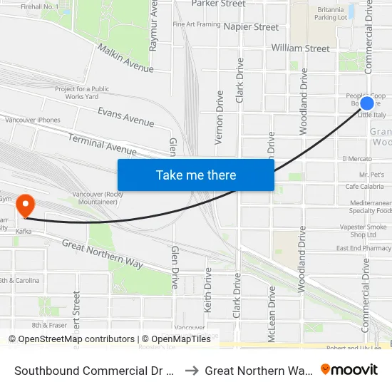 Southbound Commercial Dr @ Kitchener St to Great Northern Way Campus map