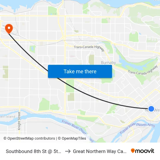 Southbound 8th St @ 5th Ave to Great Northern Way Campus map