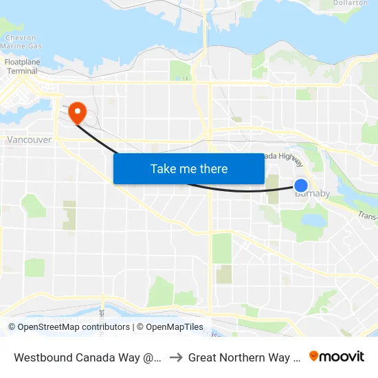 Westbound Canada Way @ Spruce St to Great Northern Way Campus map