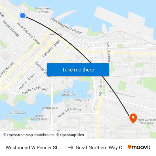 Westbound W Pender St @ Bute St to Great Northern Way Campus map