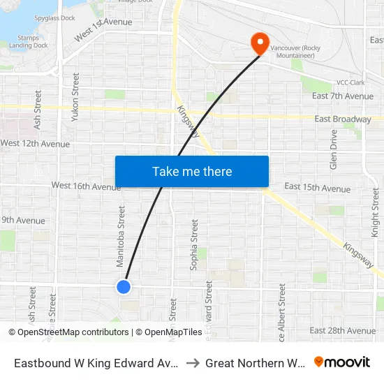 Eastbound W King Edward Ave @ Manitoba St to Great Northern Way Campus map