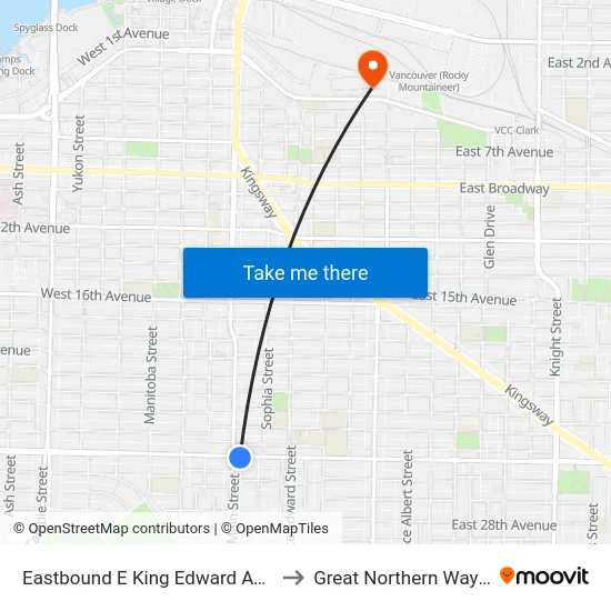 Eastbound E King Edward Ave @ Main St to Great Northern Way Campus map
