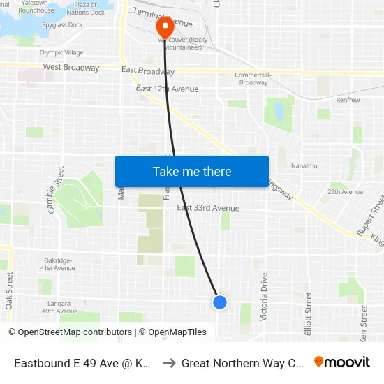 Eastbound E 49 Ave @ Knight St to Great Northern Way Campus map