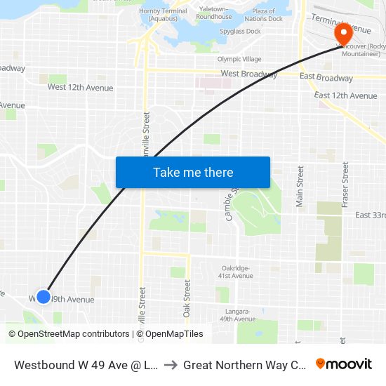 Westbound W 49 Ave @ Larch St to Great Northern Way Campus map