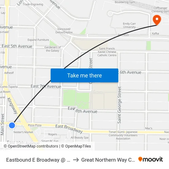 Eastbound E Broadway @ Main St to Great Northern Way Campus map