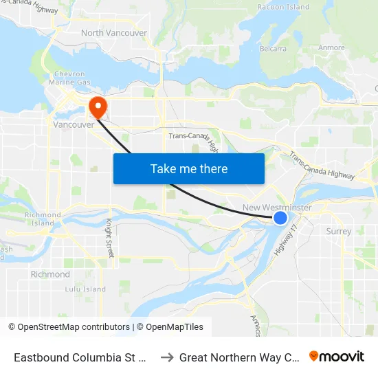 Eastbound Columbia St @ 6th St to Great Northern Way Campus map