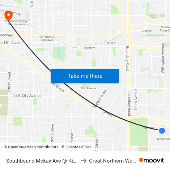 Southbound Mckay Ave @ Kingsborough St to Great Northern Way Campus map