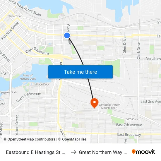 Eastbound E Hastings St @ Main St to Great Northern Way Campus map