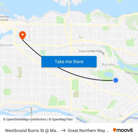 Westbound Burris St @ Malvern Ave to Great Northern Way Campus map