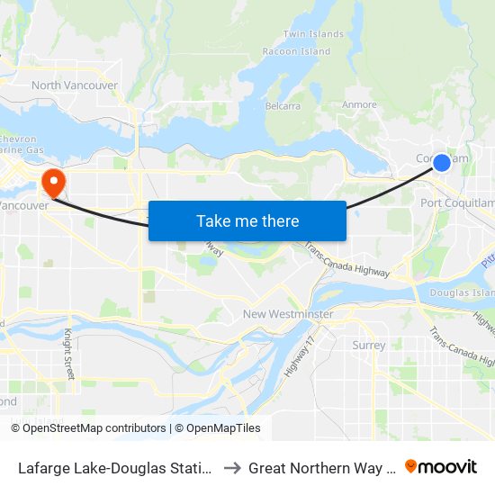 Lafarge Lake-Douglas Station @ Bay 3 to Great Northern Way Campus map