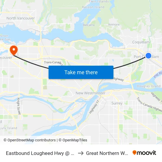 Eastbound Lougheed Hwy @ Shaughnessy St to Great Northern Way Campus map