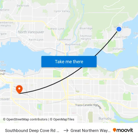 Southbound Deep Cove Rd @ Badger Rd to Great Northern Way Campus map