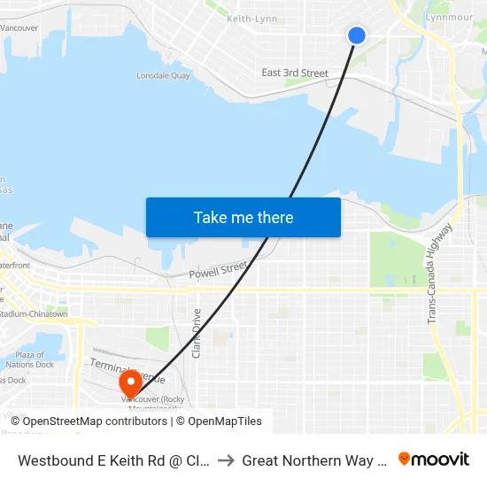 Westbound E Keith Rd @ Cloverley St to Great Northern Way Campus map