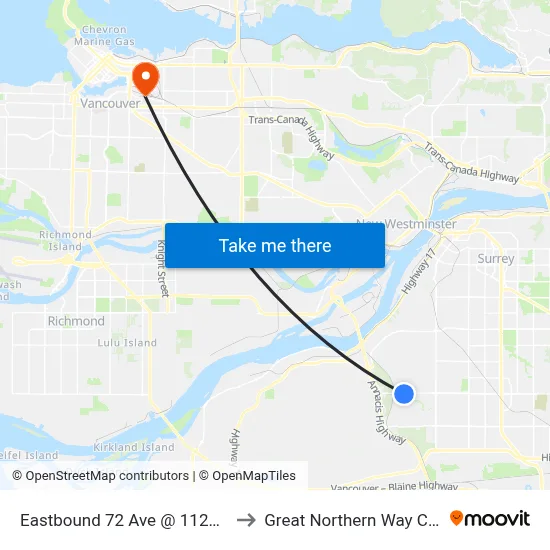 Eastbound 72 Ave @ 11200 Block to Great Northern Way Campus map