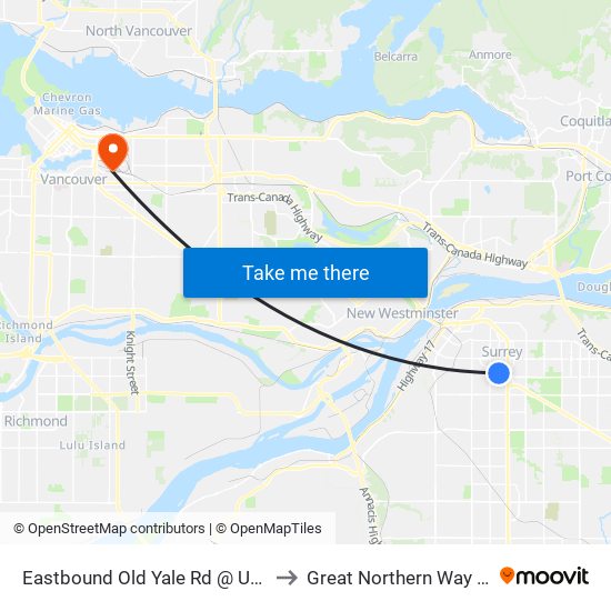 Eastbound Old Yale Rd @ University Dr to Great Northern Way Campus map