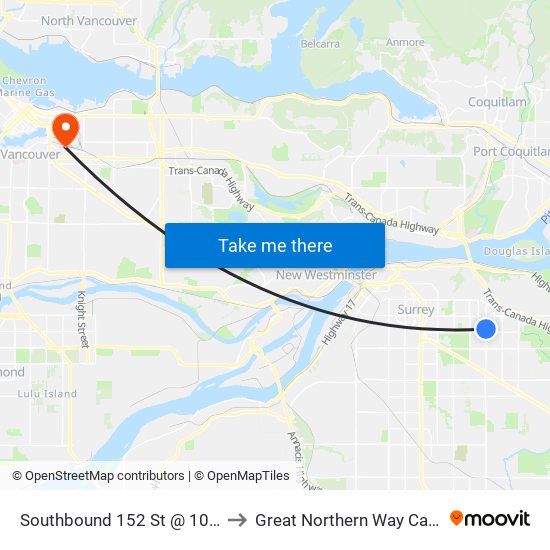 Southbound 152 St @ 101 Ave to Great Northern Way Campus map