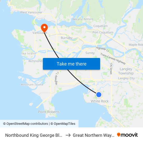 Northbound King George Blvd @ 152 St to Great Northern Way Campus map